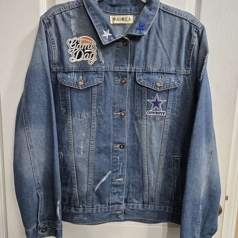 Dallas Cowboys Themed Blue Denim Jacket with Football/Game Day Patches